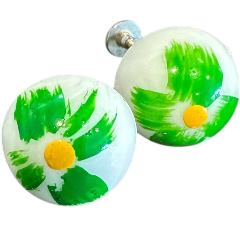 Green and Yellow Floral Earrings Vintage Screwback
